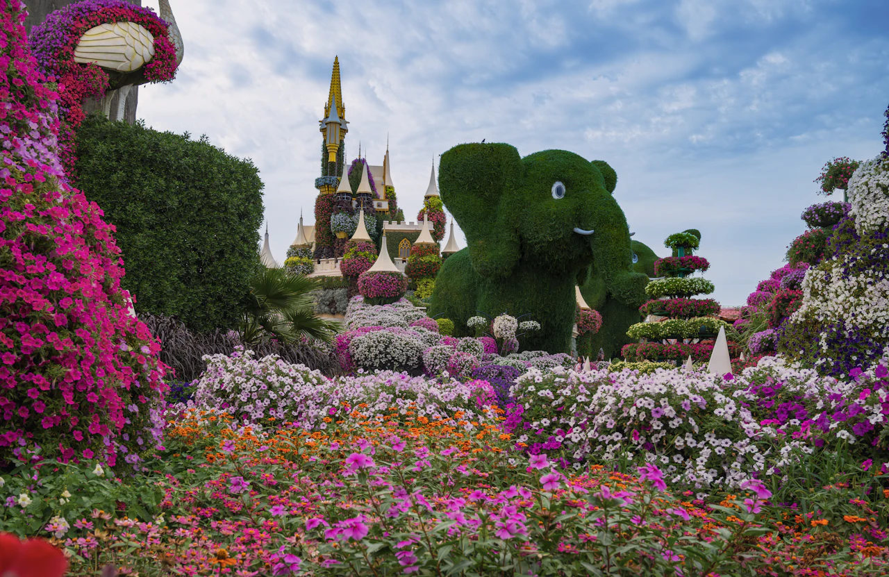 Floral castle and green elephant topiary surrounded by pink and white flowers at Dubai Miracle Garden