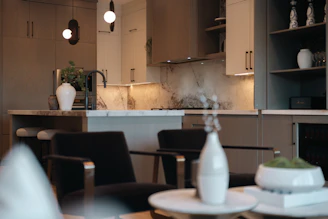 Modern kitchen and living area with minimalist decor