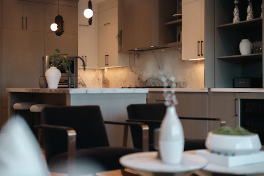 Modern kitchen and living area with minimalist decor