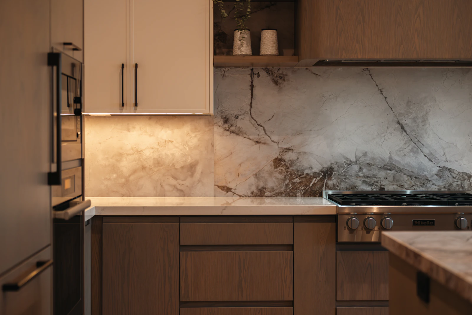 Marble backsplash and timber cabinetry