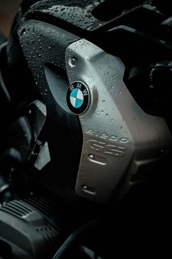 Close-up of motorcycle engine detail with water droplets