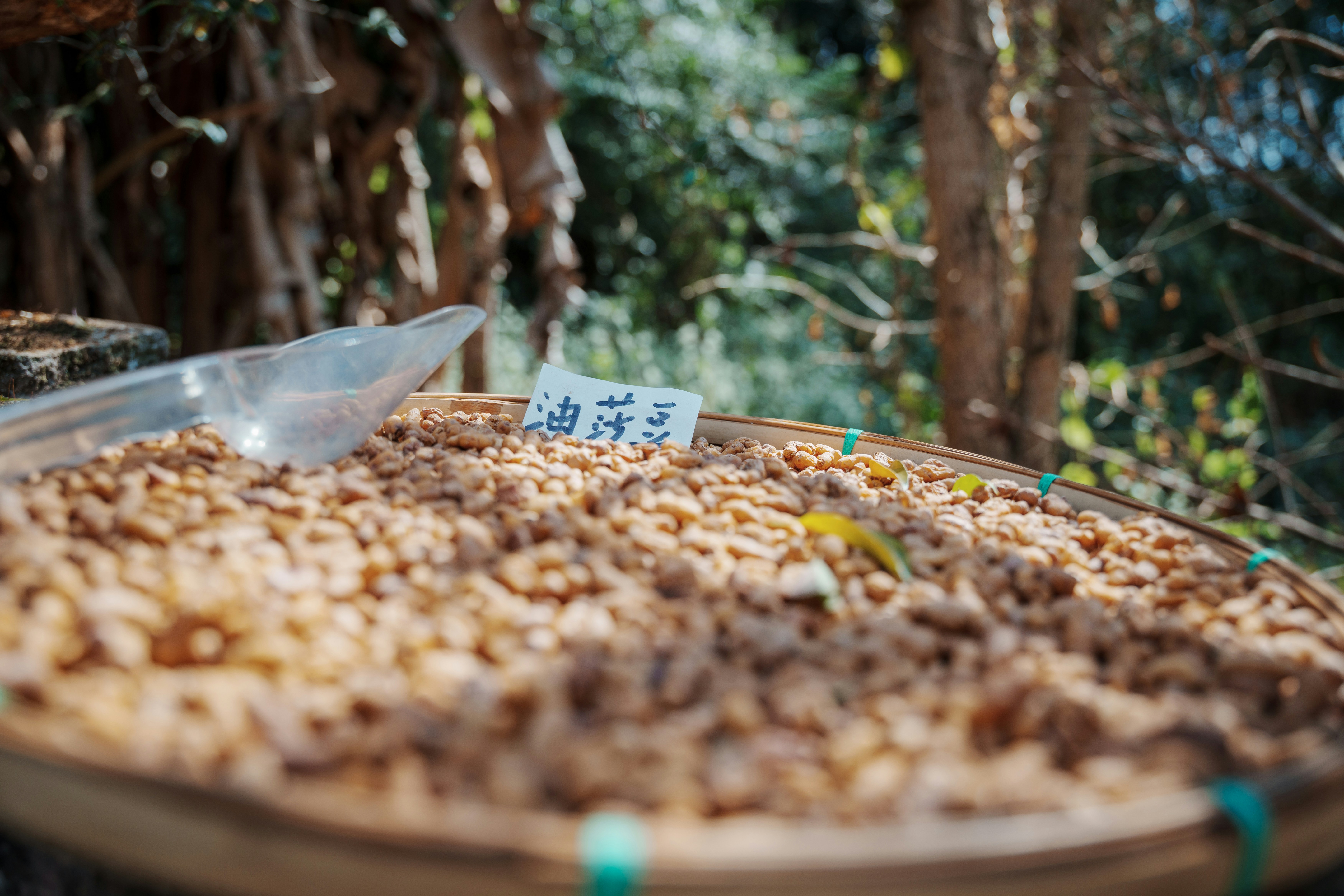 A basket of dried goods with a label.