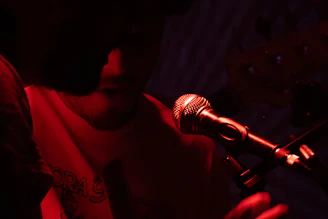 A singer performs on stage under red lights.