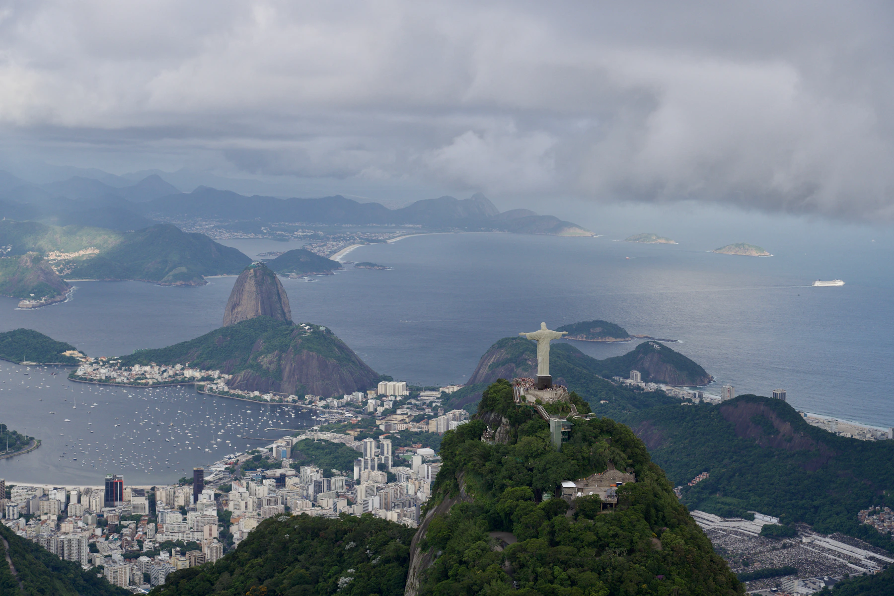 Christ the Redeemer overlooking Rio de Janeiro, Sugarloaf Mountain and the Atlantic coast