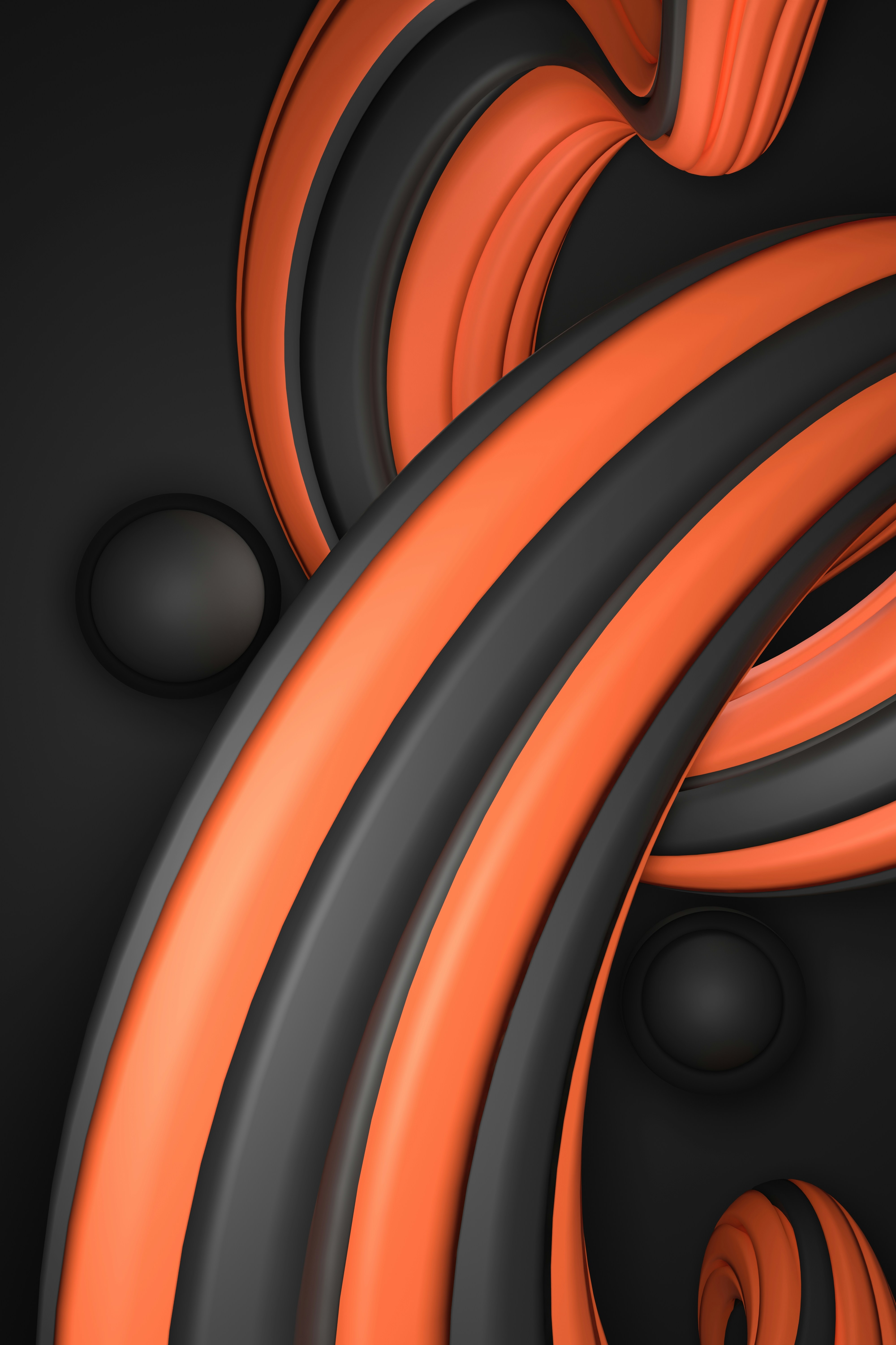 Cintas abstractas naranjas y negras que giran con esferas.