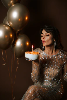 Woman blowing out birthday cake candle with balloons