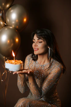 Woman in sparkly dress blowing out birthday candle