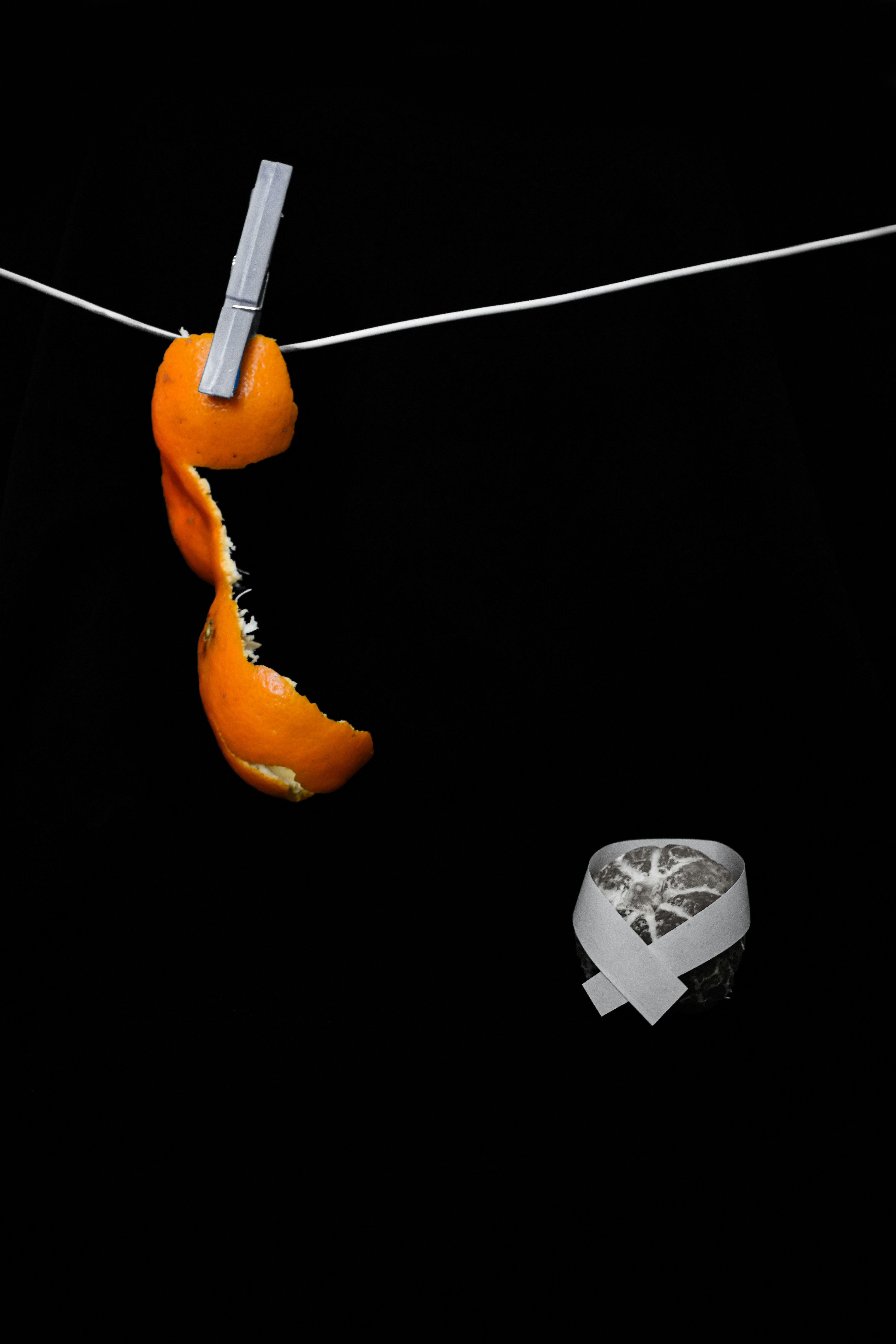 Orange peel hanging on a clothesline with dried fruit.
