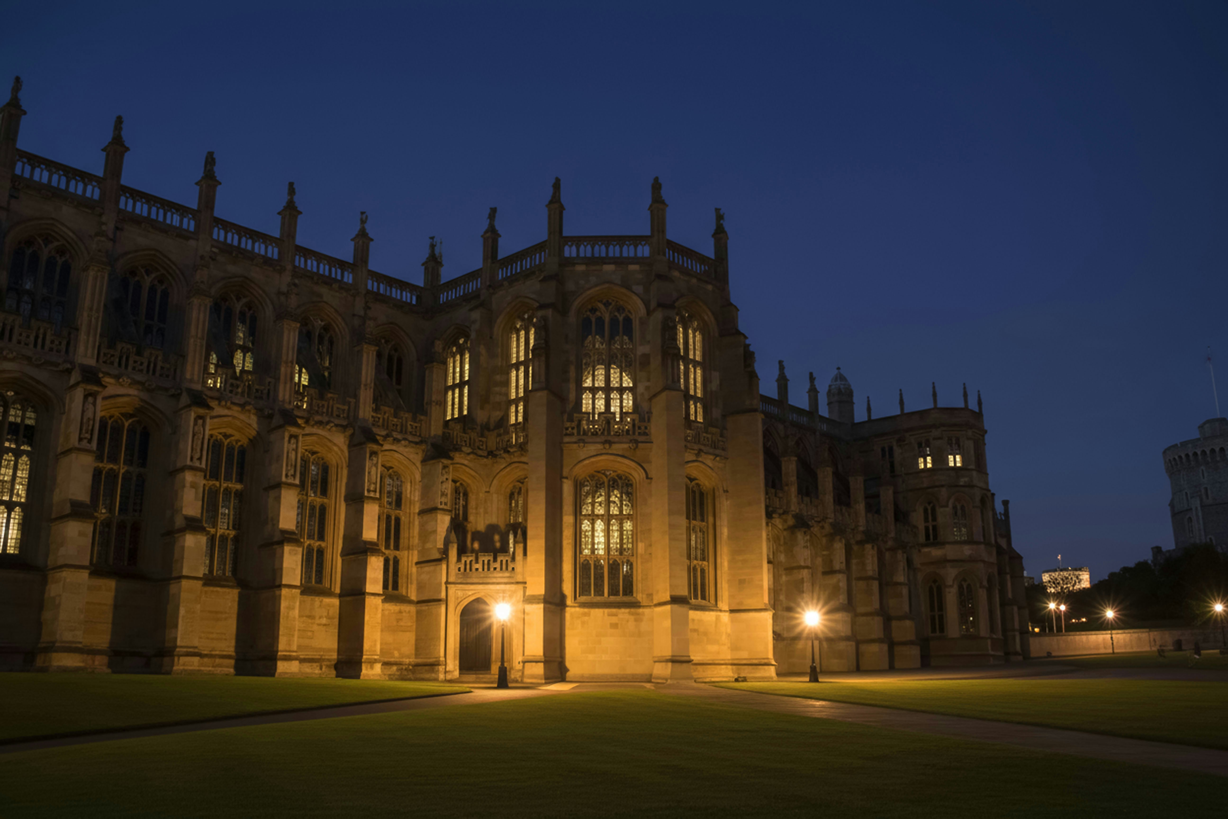 Historic gothic building illuminated at night