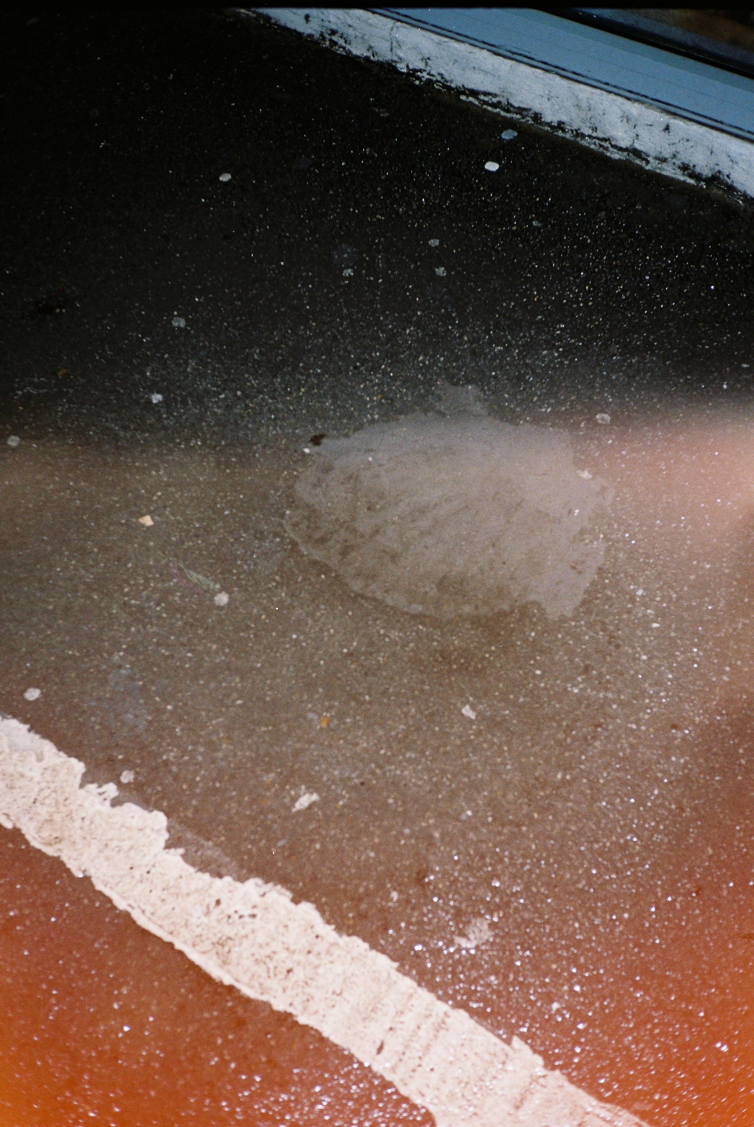 A patch of ice on a wet road at night