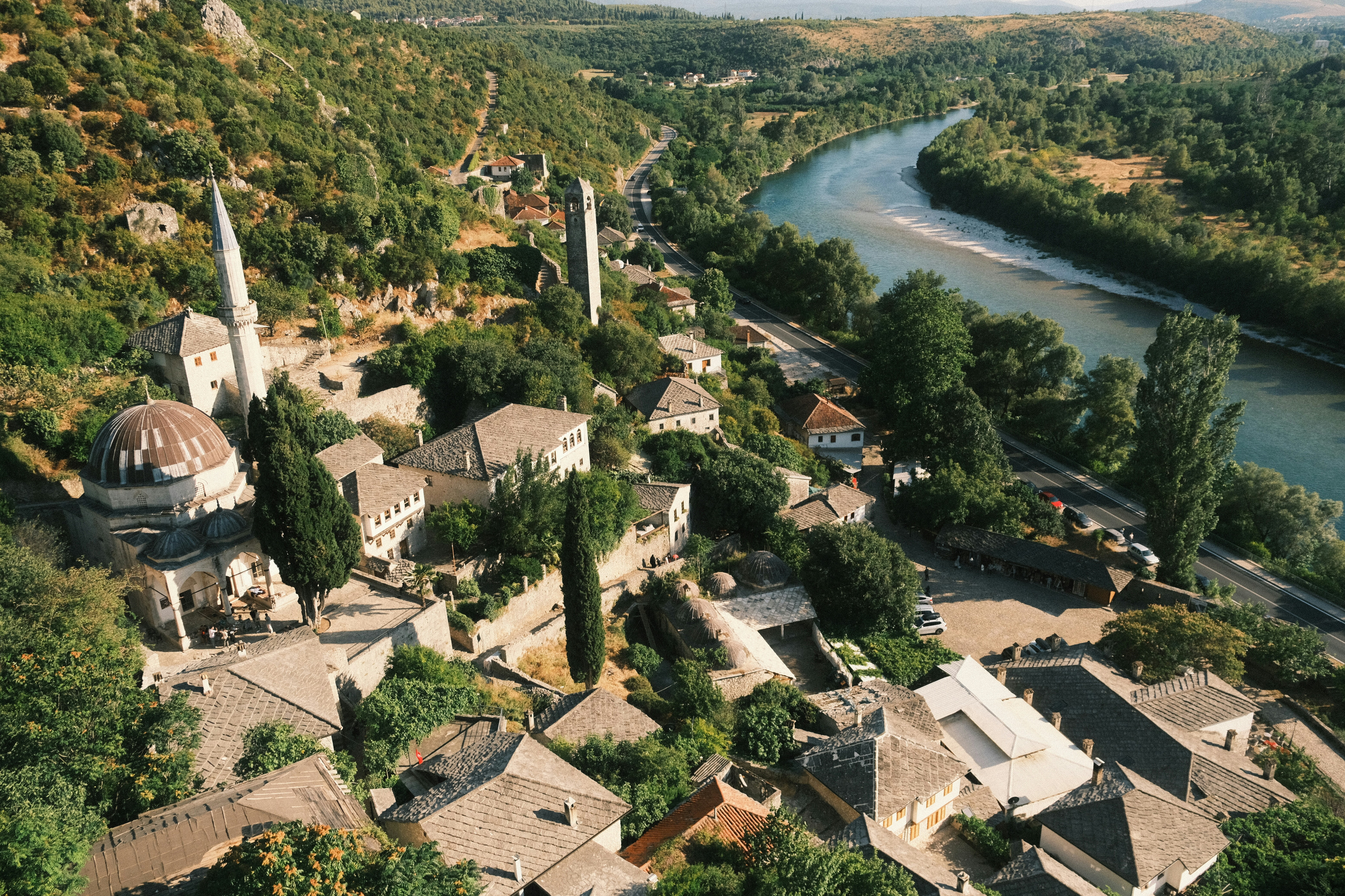 Historic village nestled beside a winding river