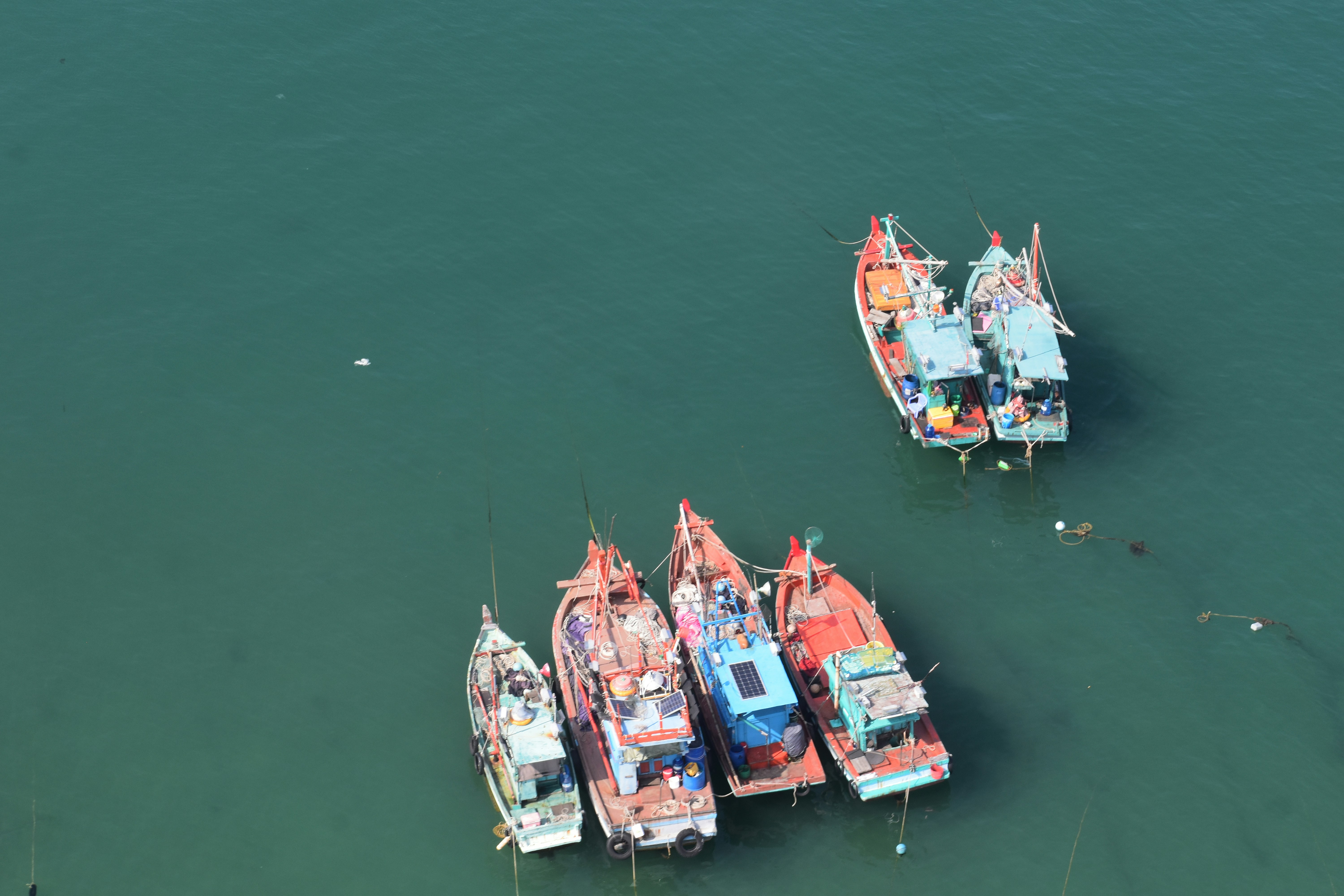 Several fishing boats anchored in calm green water.