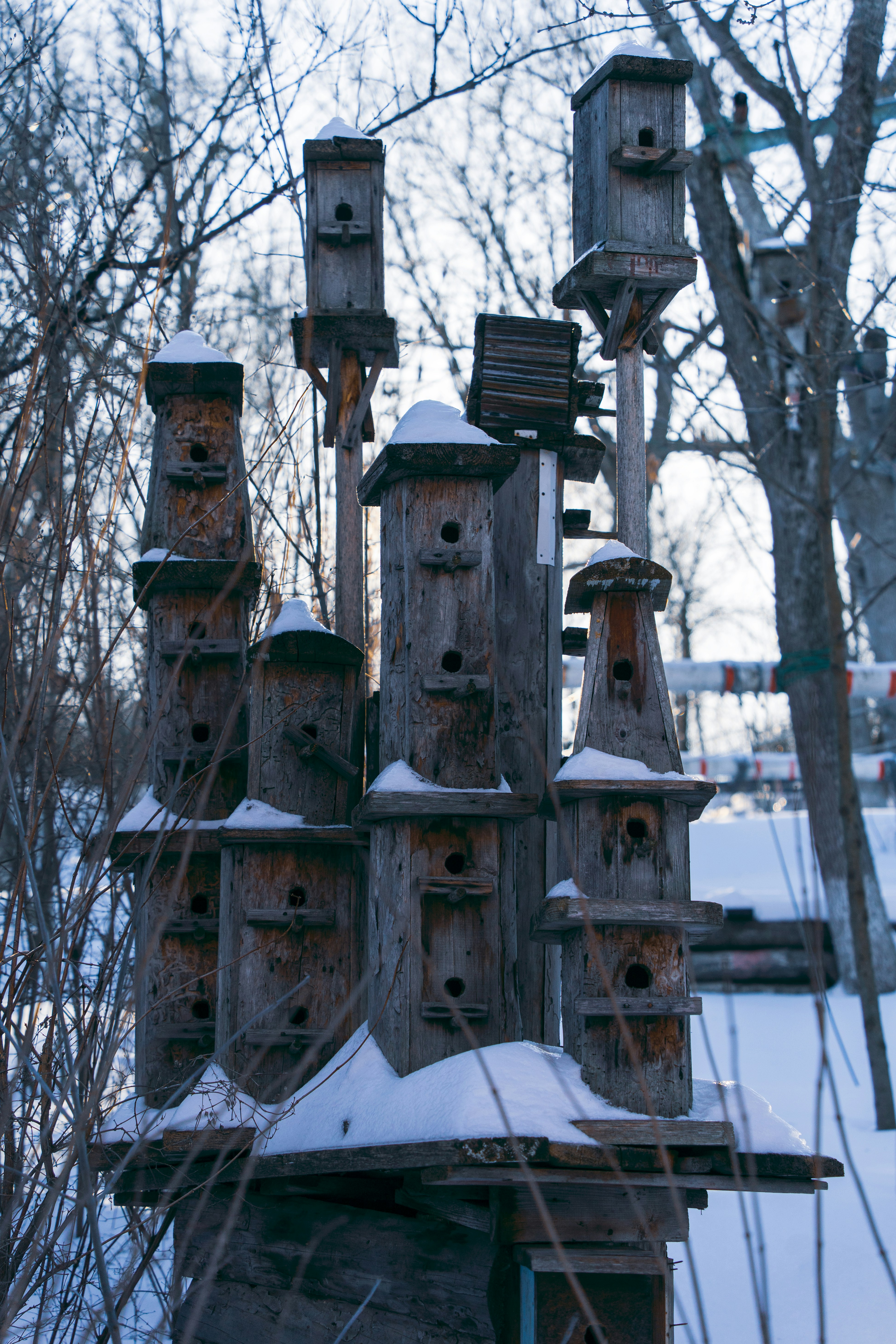 Wooden birdhouses stacked together in snow