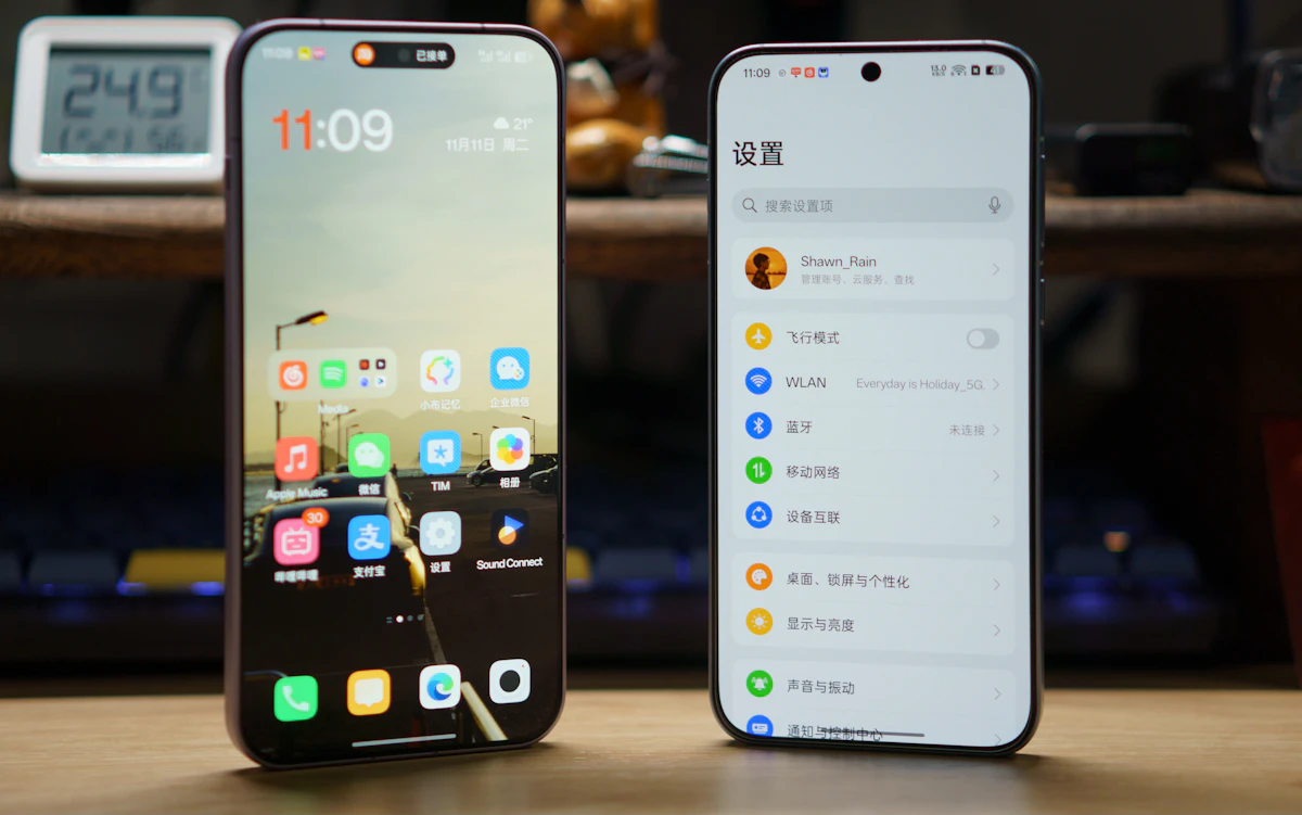 Two smartphones side by side displaying home screens and app menus, symbolizing the multi-device mobile shopping journey Samsung and other electronics brands optimize for.