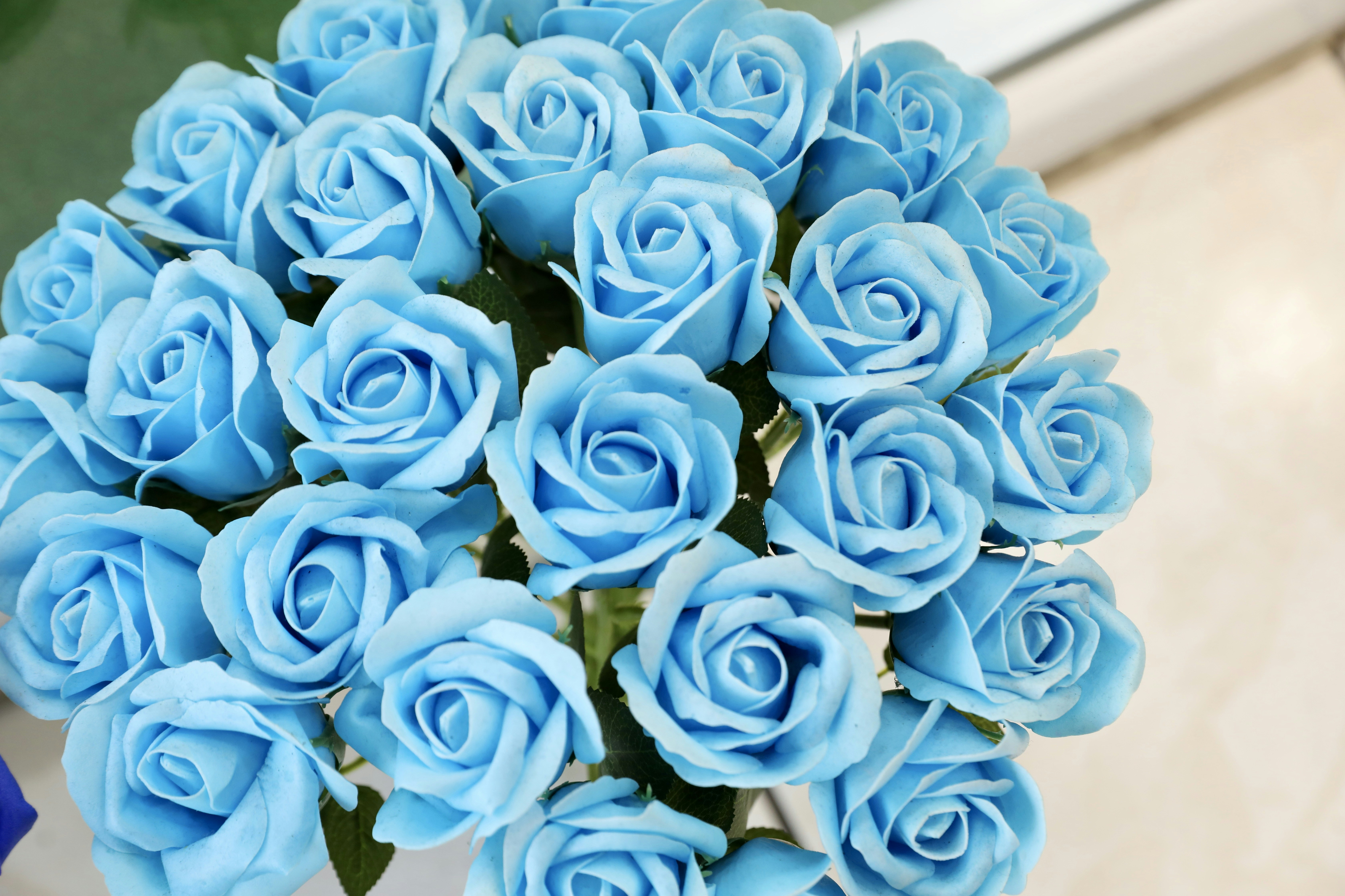Ein Strauß leuchtend blauer Rosen