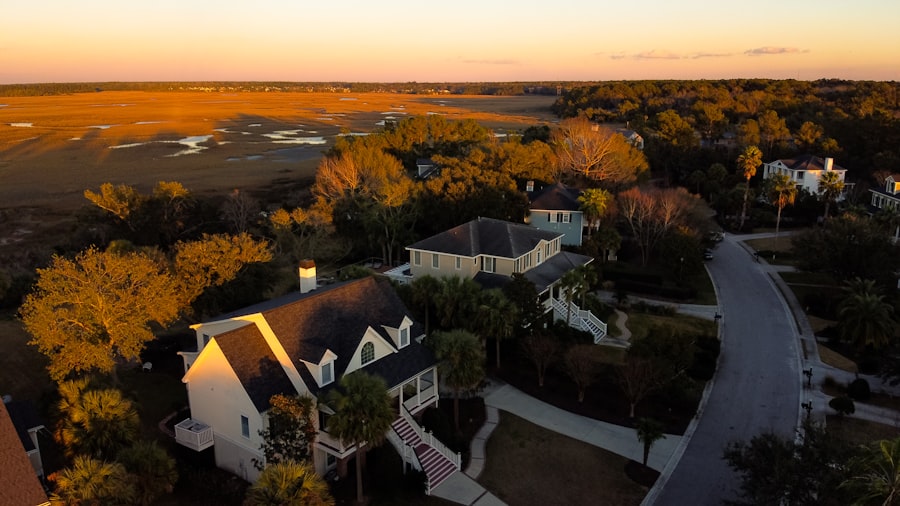 Mt. Pleasant homes along the marsh edge at sunset, seen from the air