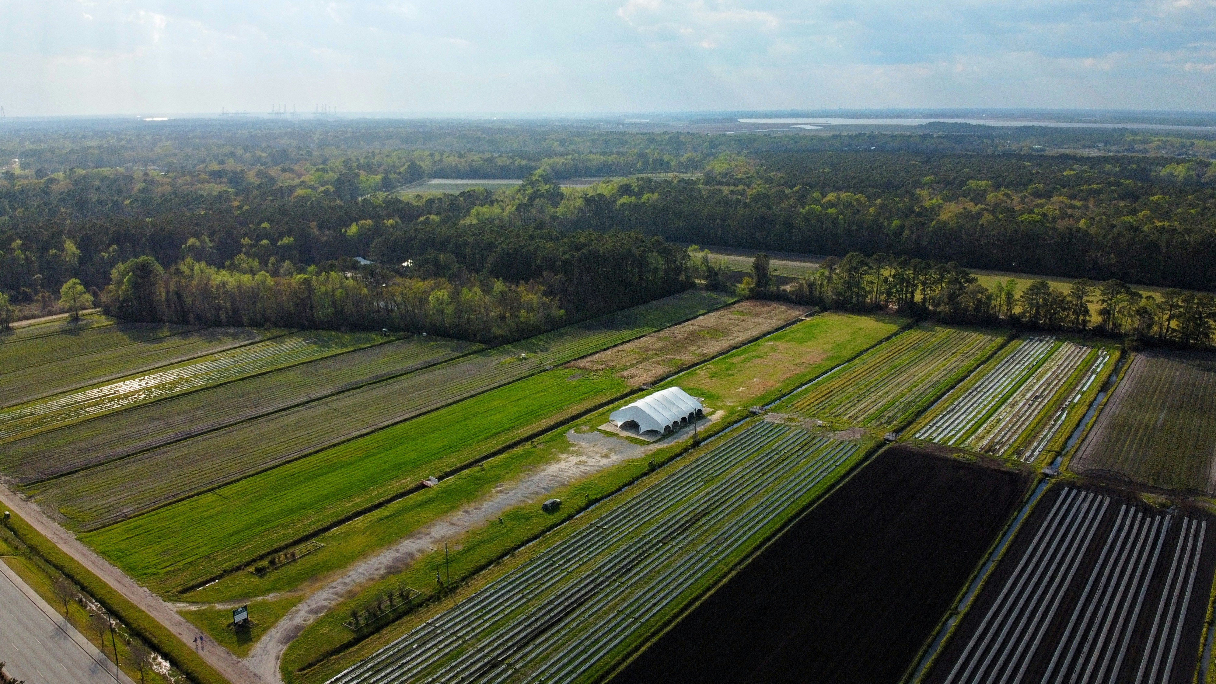 Aerial view of agricultural fields and a building.