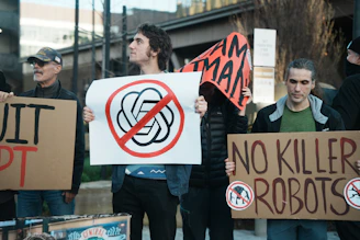 Protesters hold signs against ai and killer robots