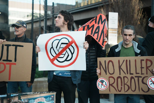 Protesters hold signs against ai and killer robots