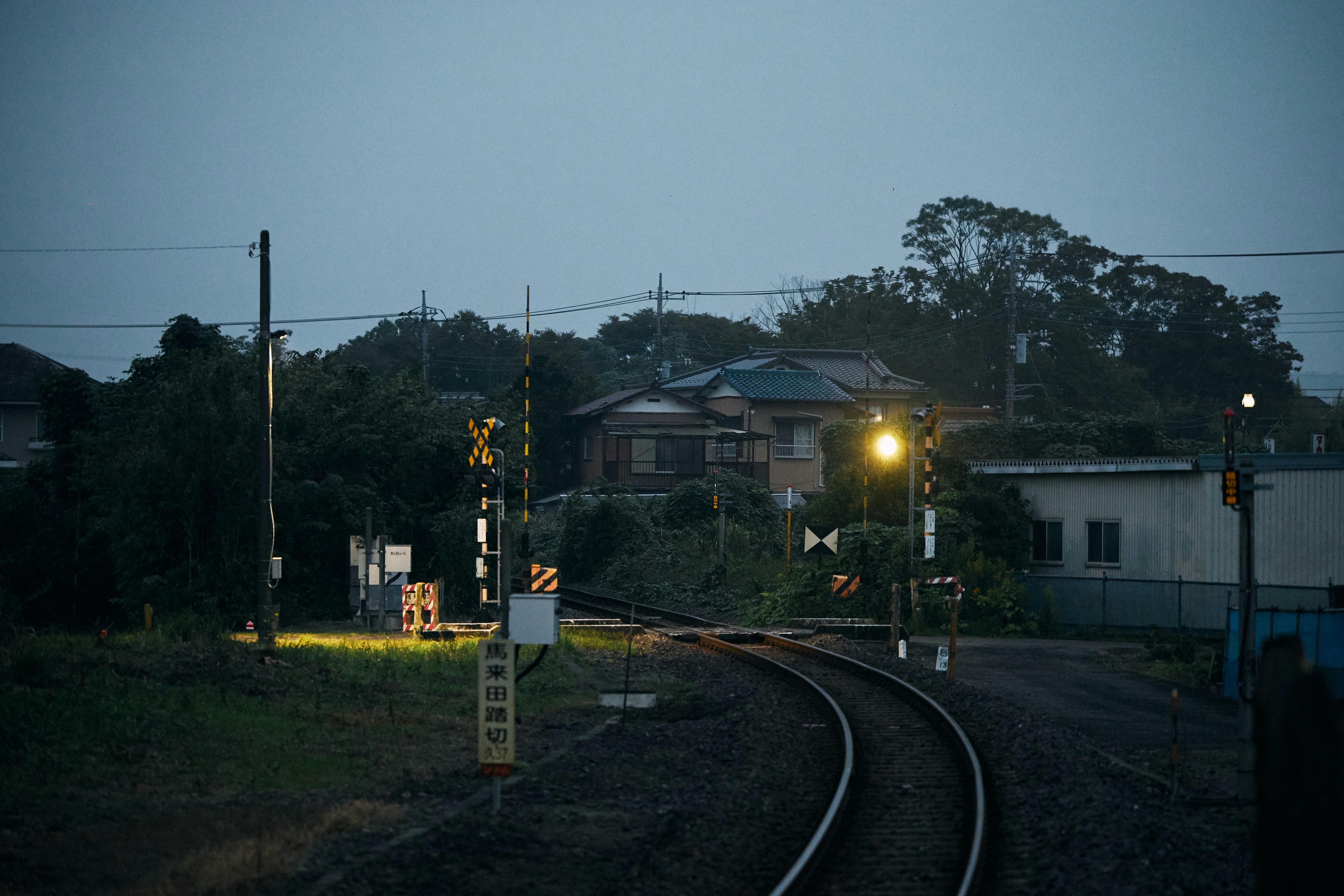 I binari del treno curvano attraverso un paesaggio rurale al crepuscolo.