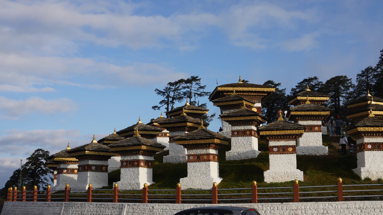 The Druk Wangyal chortens on their grassy mound at Dochu La in late afternoon light under a wide sky