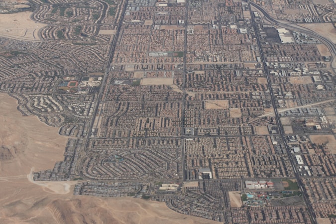 Aerial view of a sprawling desert neighborhood in the Las Vegas valley, where about 3,500 new homes are coming online in the northwest corridor