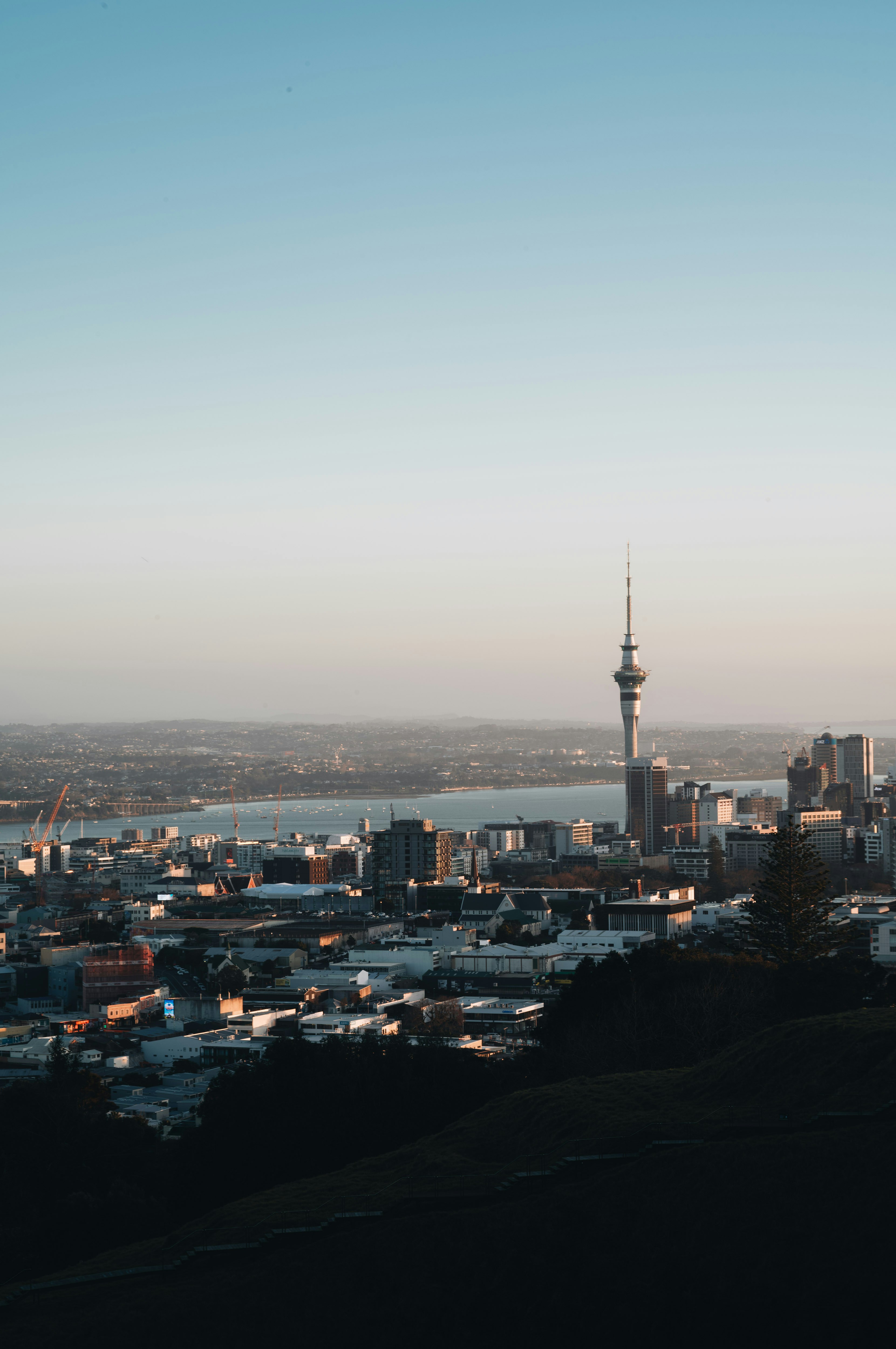 City skyline with a tall tower at sunset.