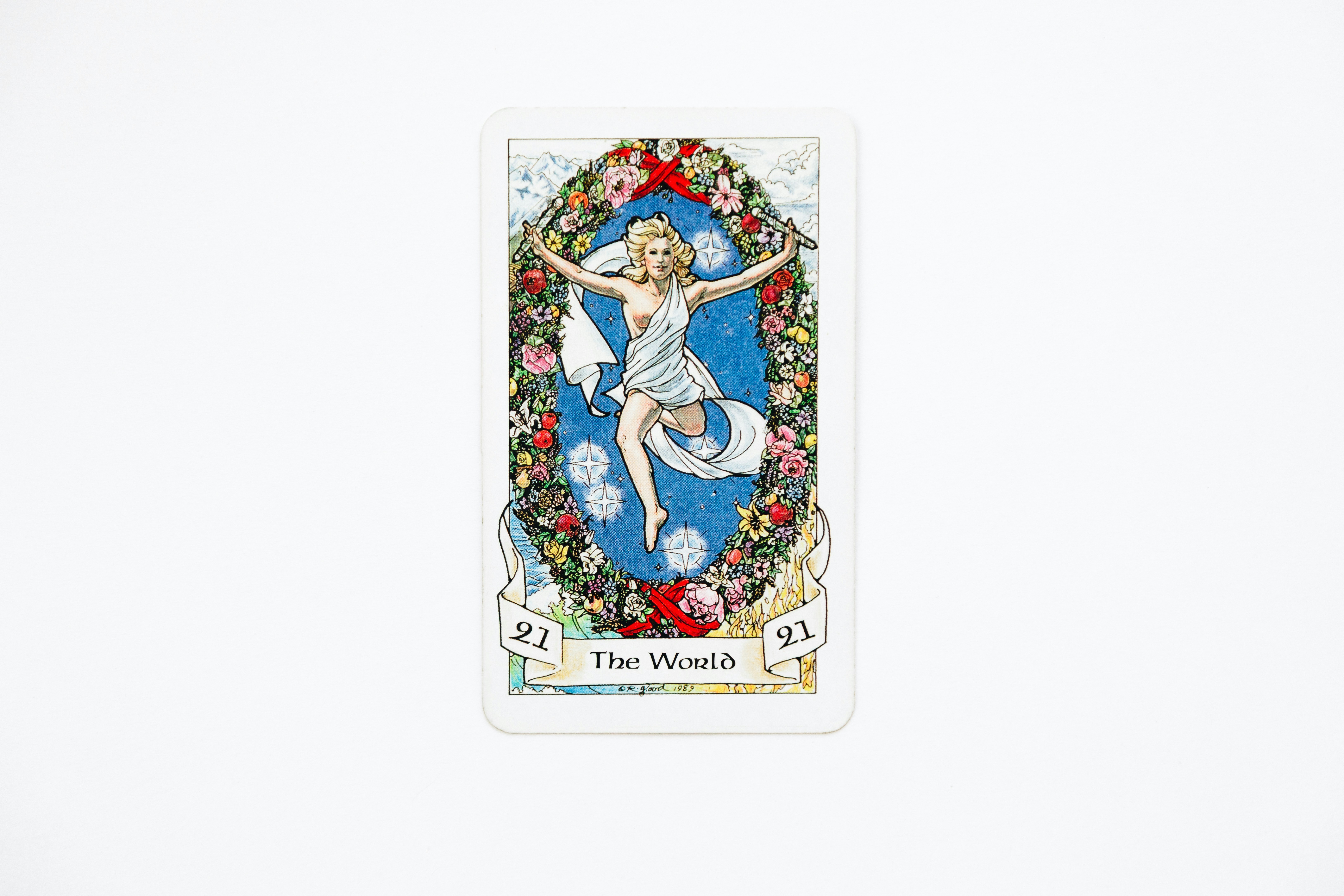 Tarot card with woman and flowers