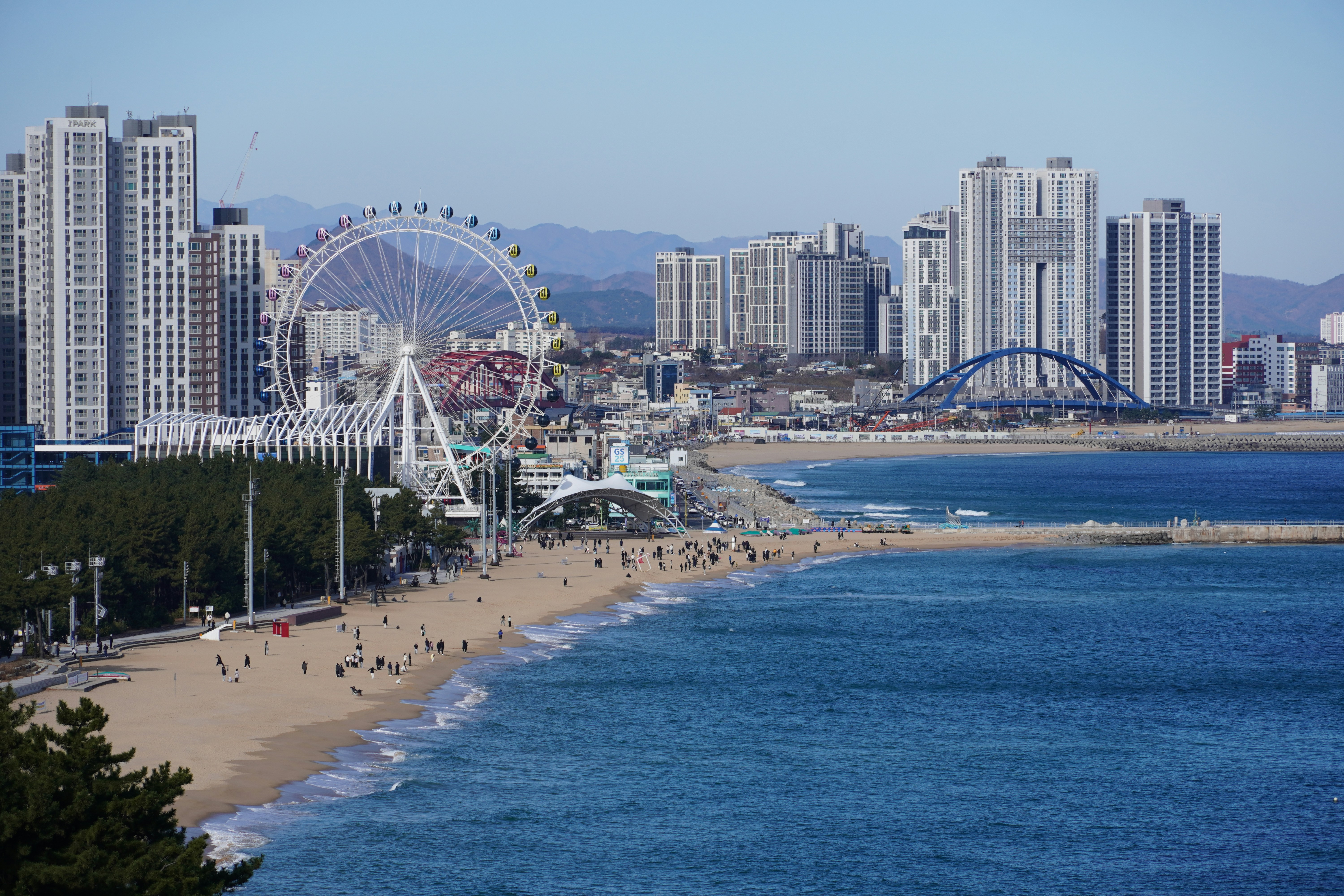 Beach with ferris wheel and city skyline