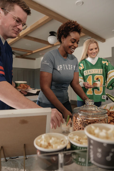 People gathered around a food buffet