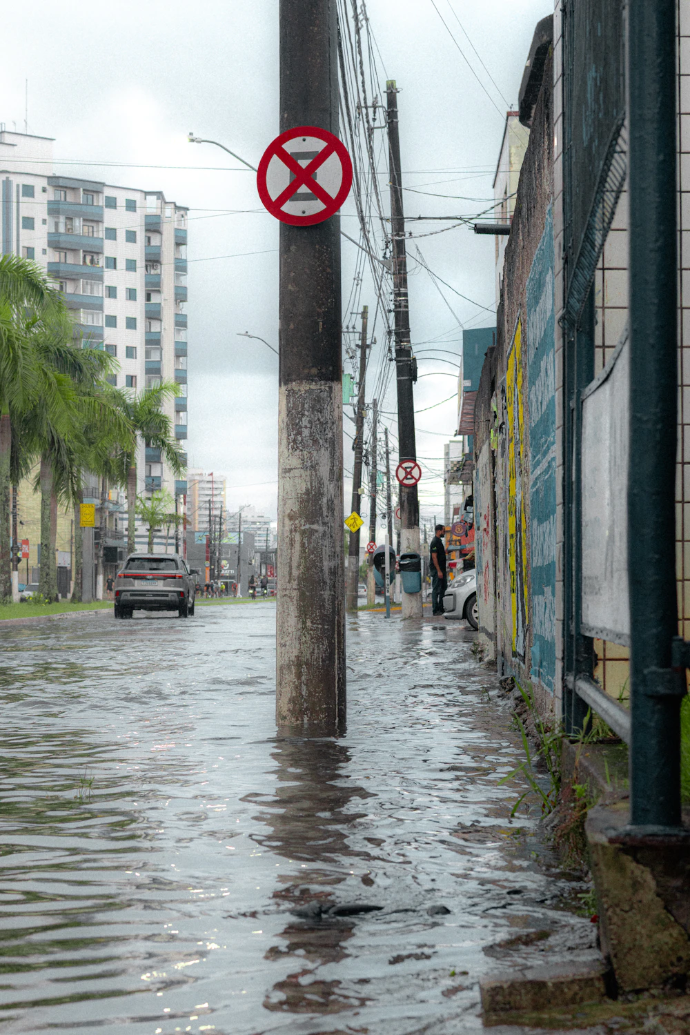 Car driving through flood water