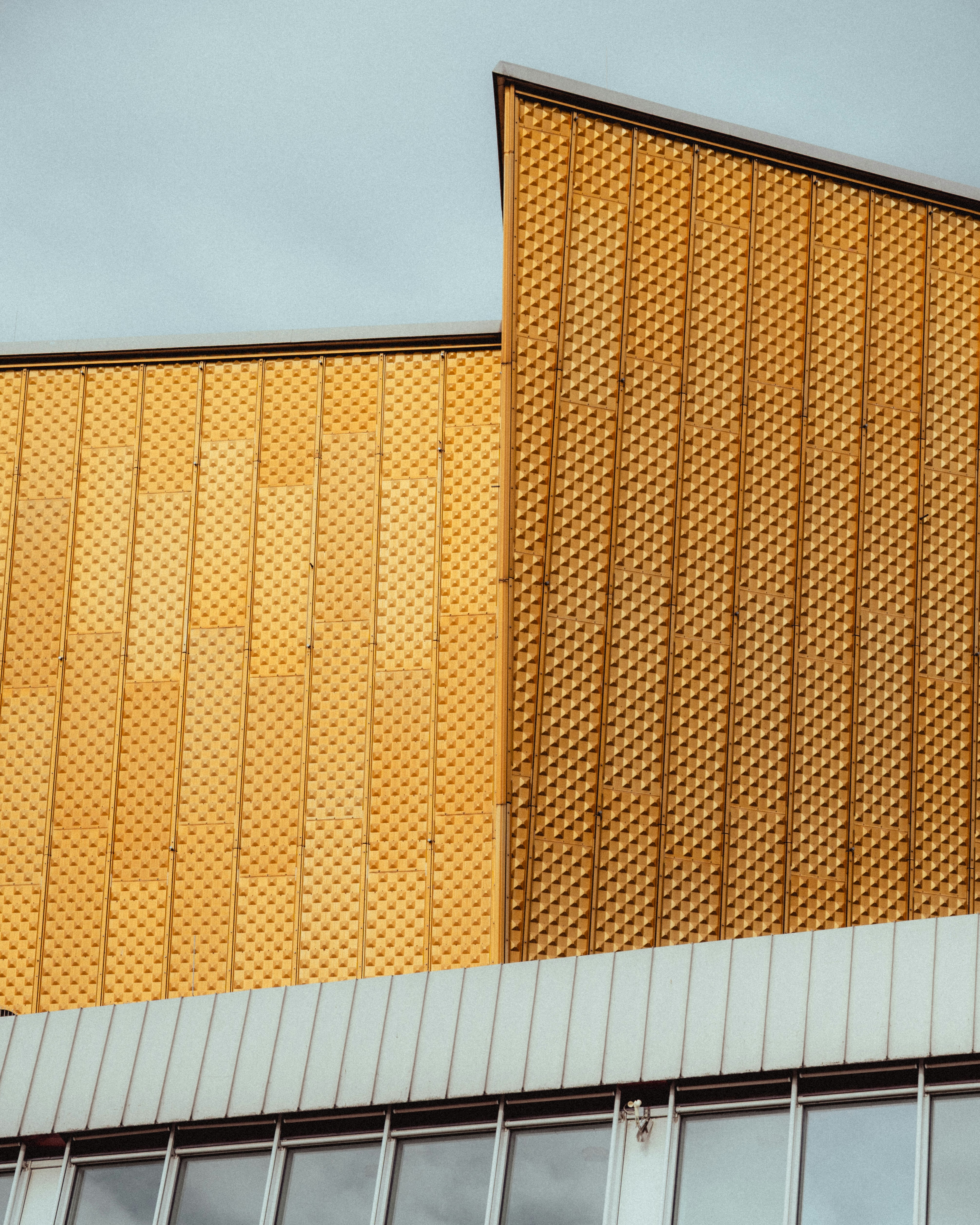 Modern building with golden textured facade and windows