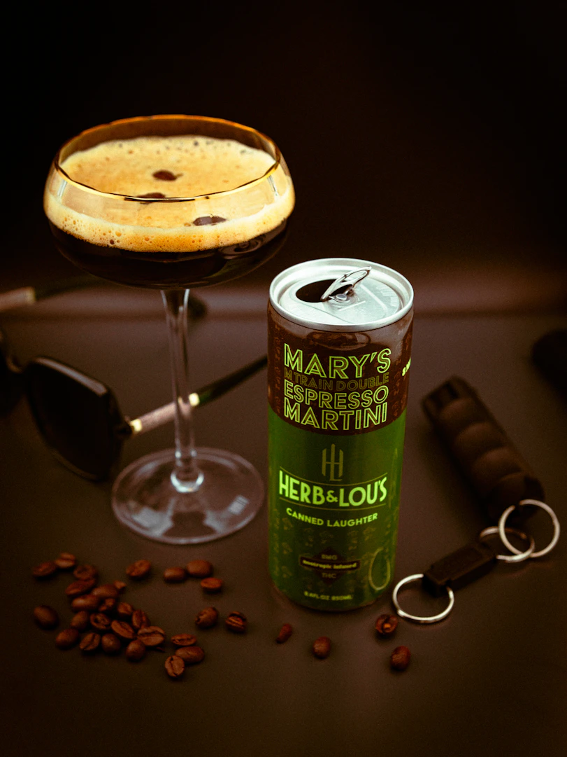 Espresso martini with canned beverage and coffee beans