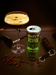 Espresso martini with canned beverage and coffee beans