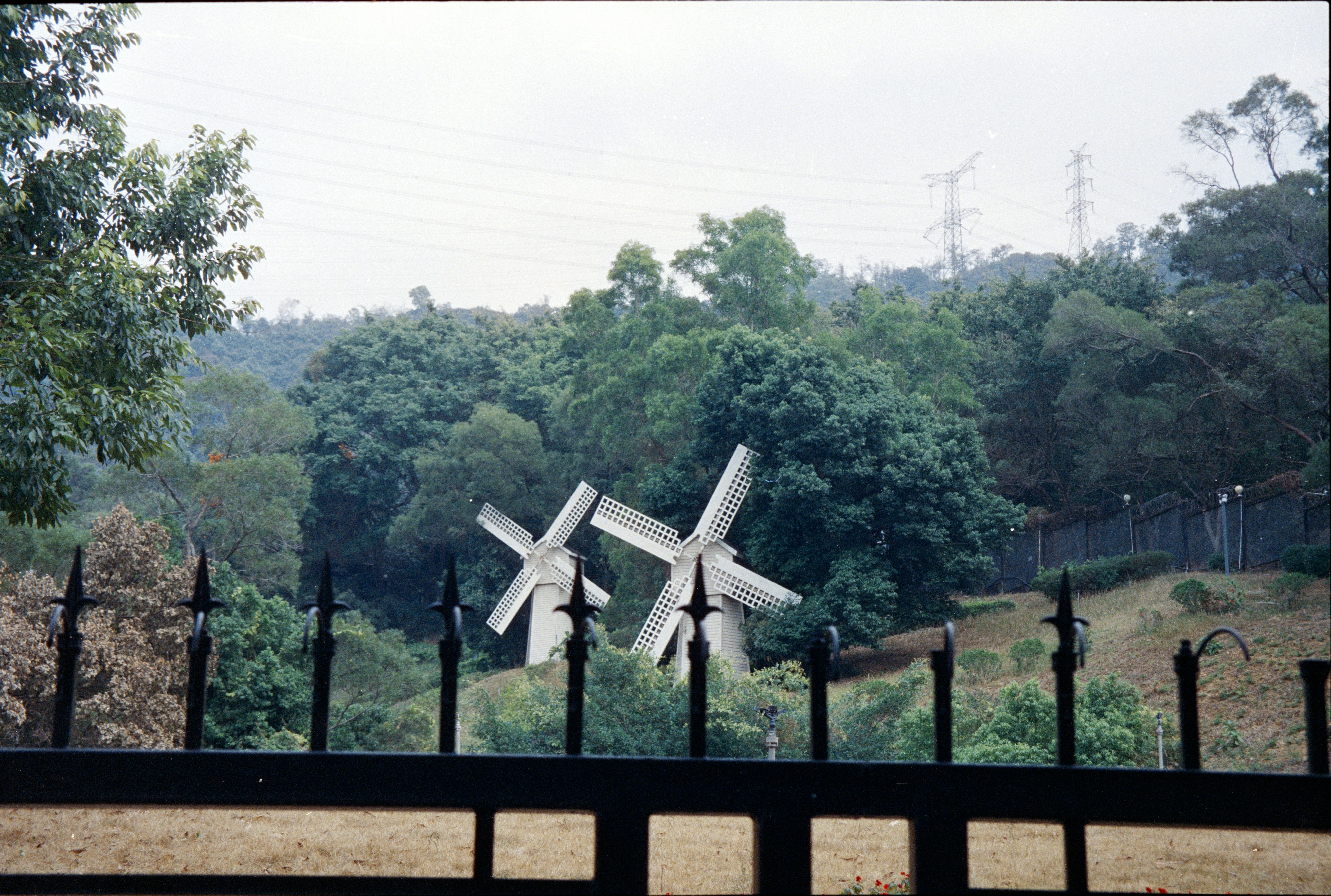 Deux moulins à vent blancs dans une zone boisée