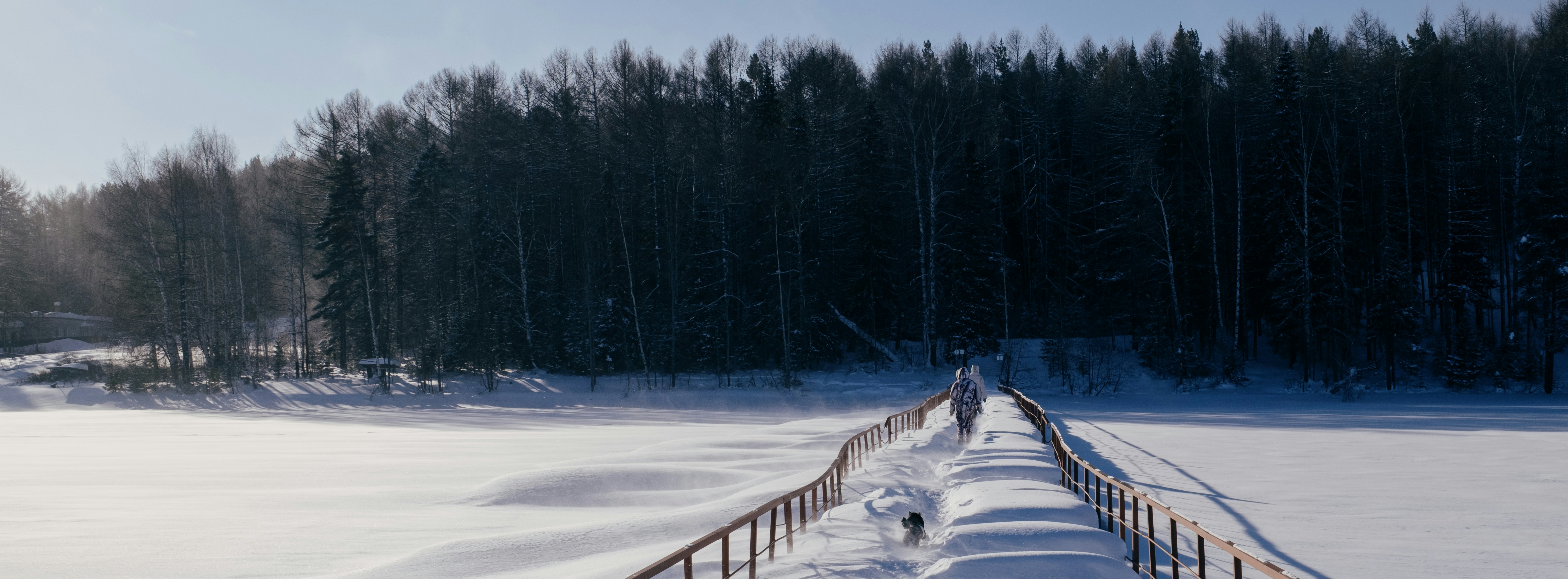 Person walking on a snowy bridge towards a forest
