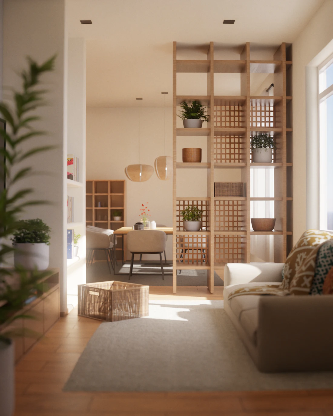 Living room with natural light and wooden accents