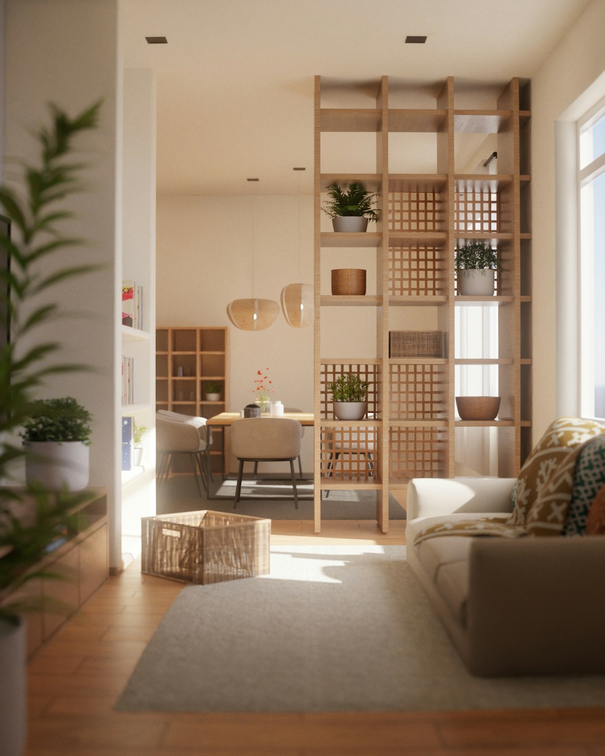 Living luminoso de estilo escandinavo con paredes blancas, estantería y piso de madera clara, sofá neutro y plantas junto a un gran ventanal