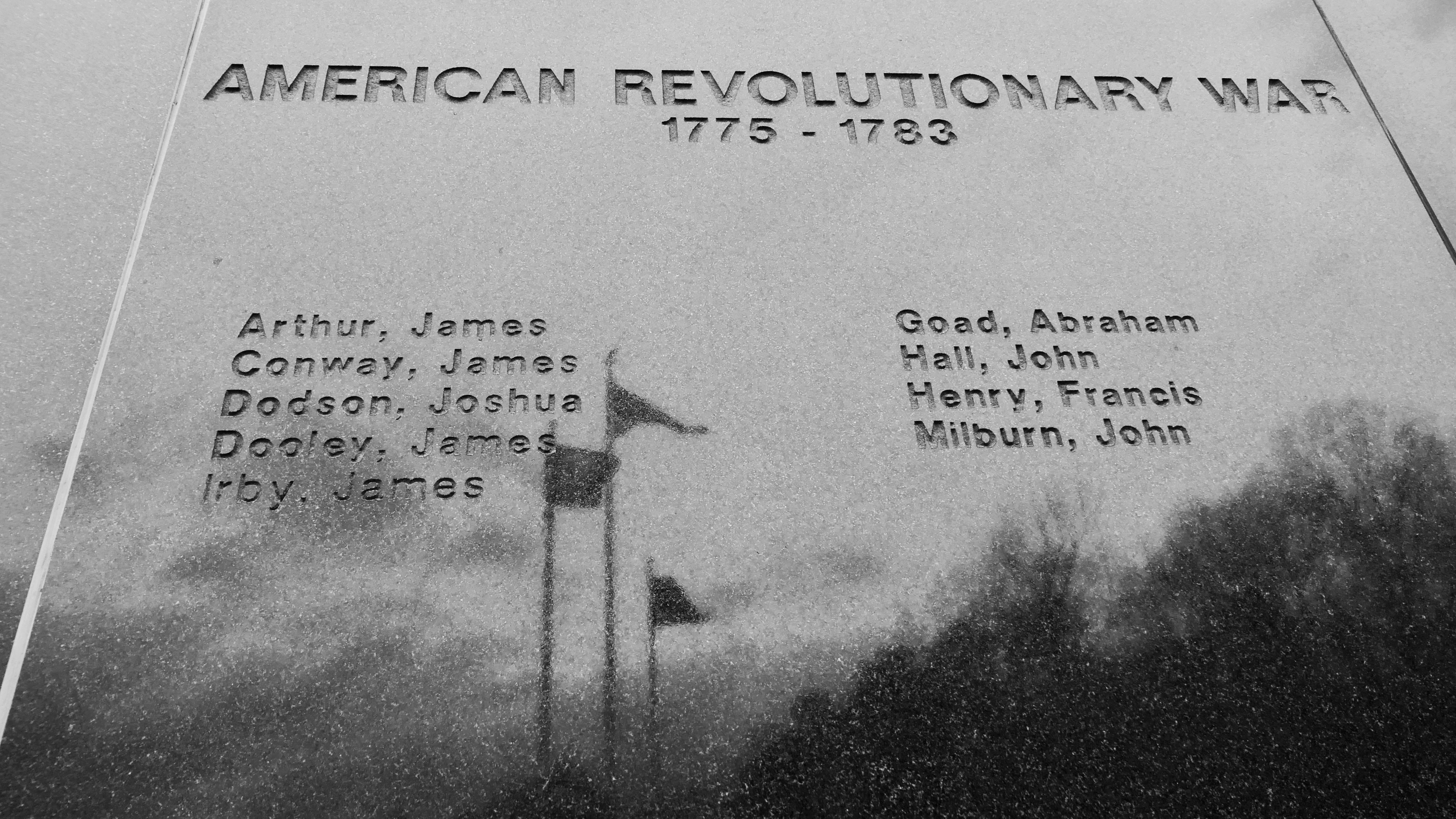 Denkmal für den amerikanischen Unabhängigkeitskrieg mit aufgeführten Namen.