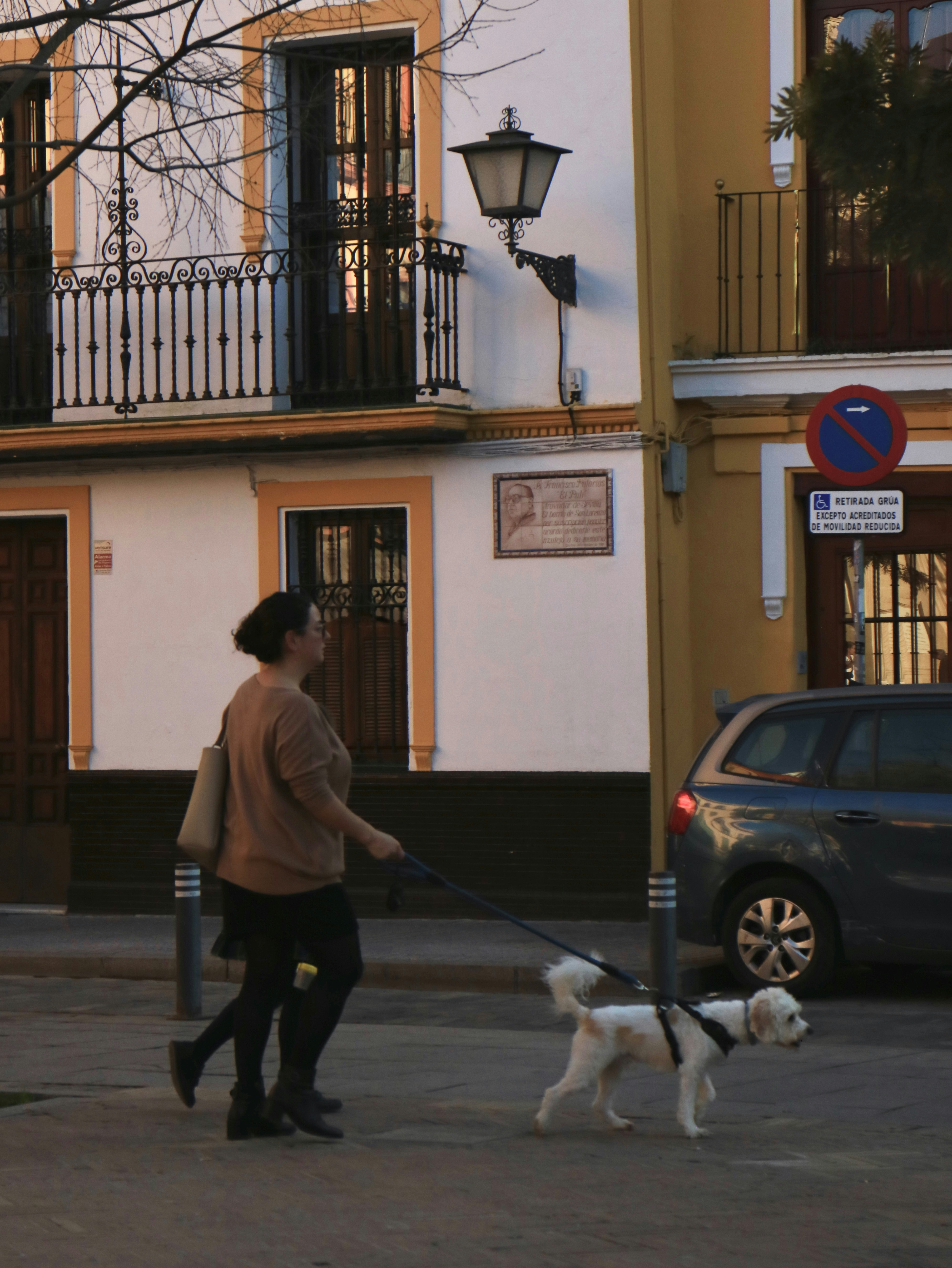 Mulher passeando com um cachorrinho branco na coleira