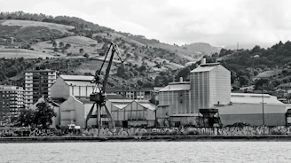 Industrial buildings with crane by the water