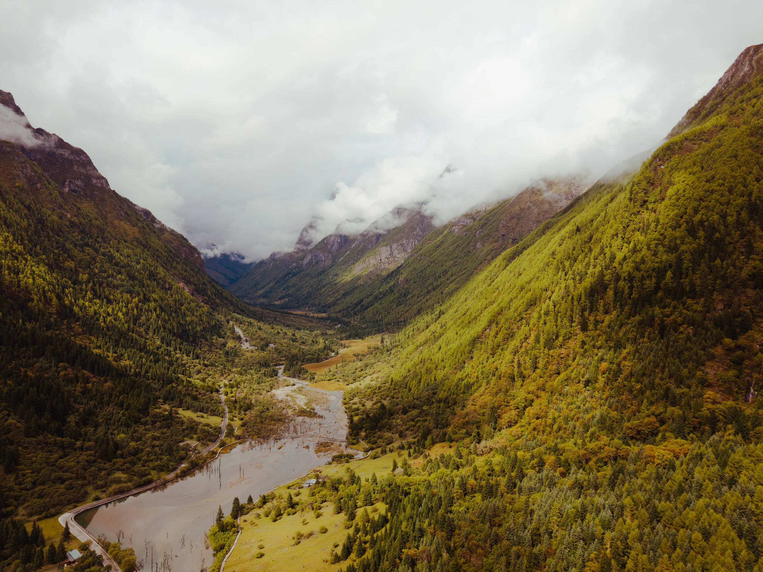 A winding river flowing through a lush green mountain valley