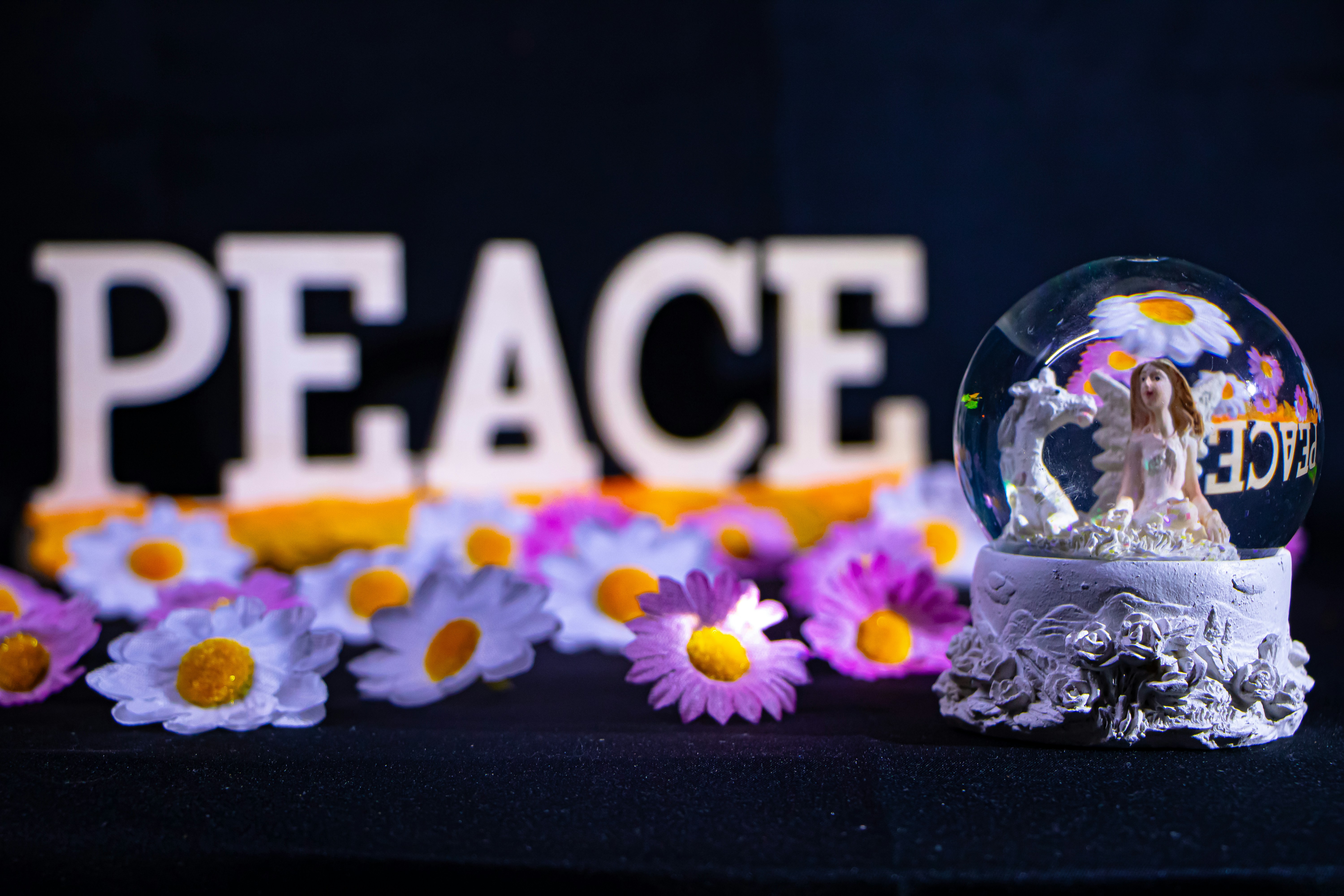 Peace sign with flowers and a snow globe
