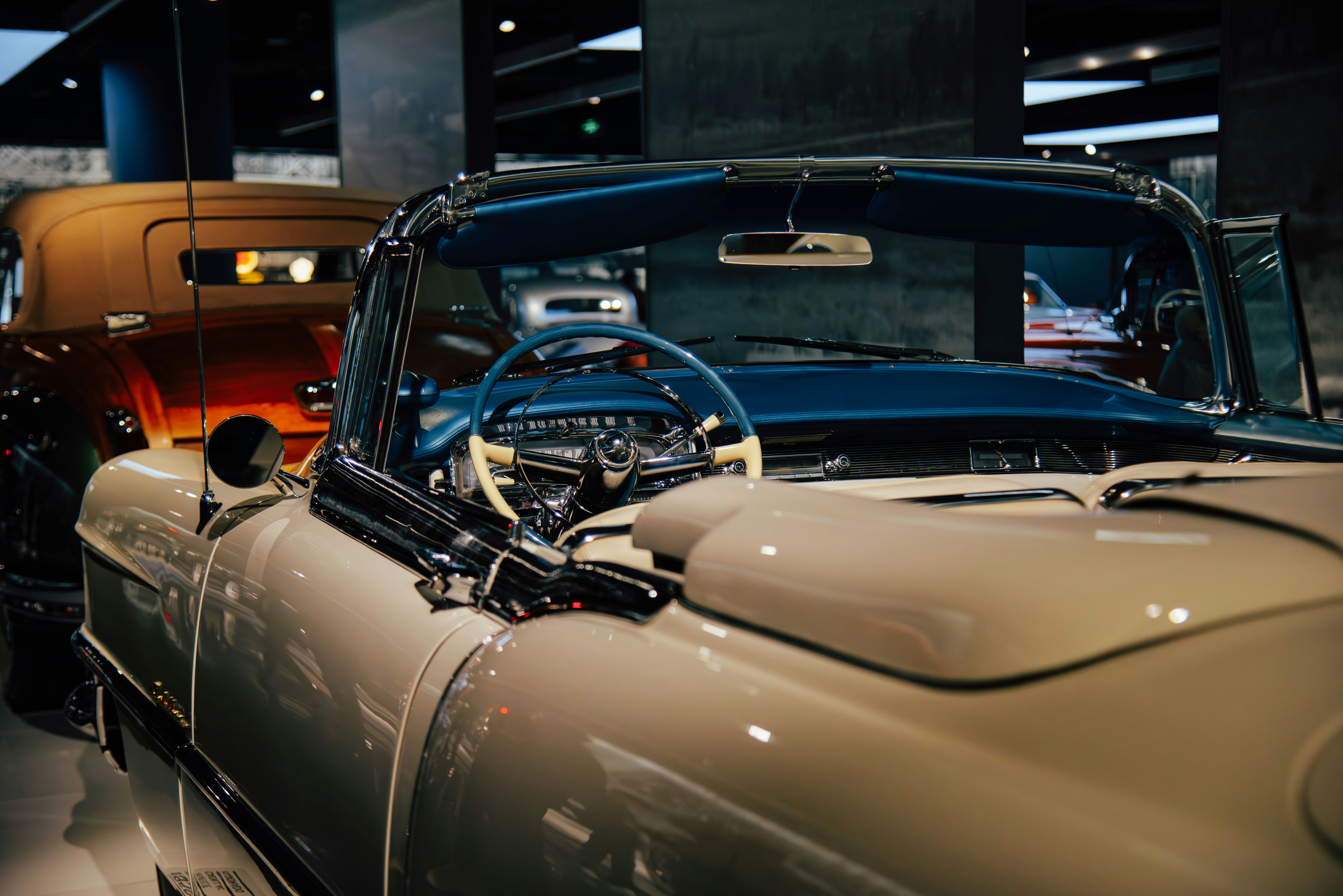 Vintage convertible car interior with dashboard details