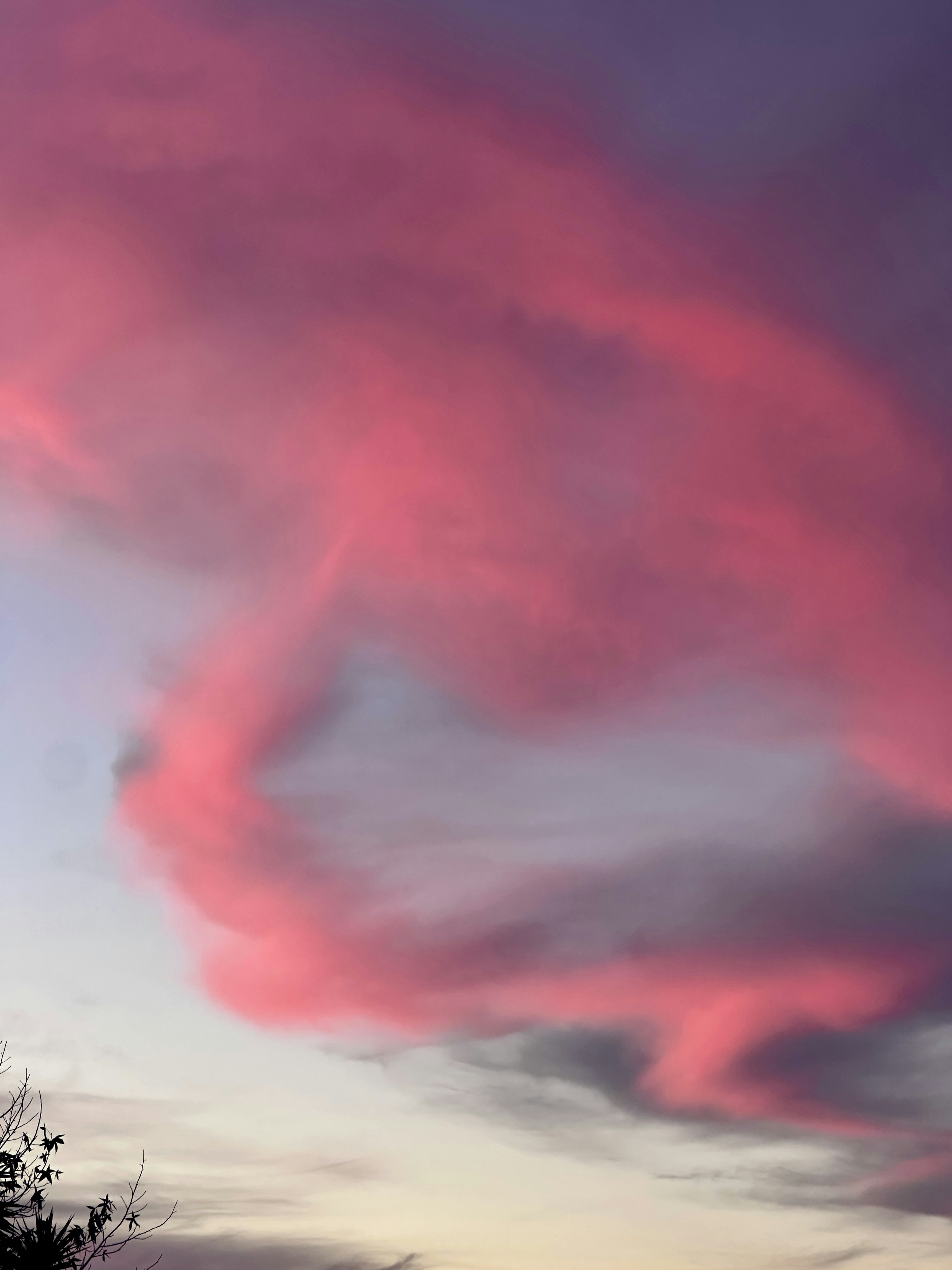 Leuchtend rosa Wolken ziehen über einen dämmerlichen Himmel.
