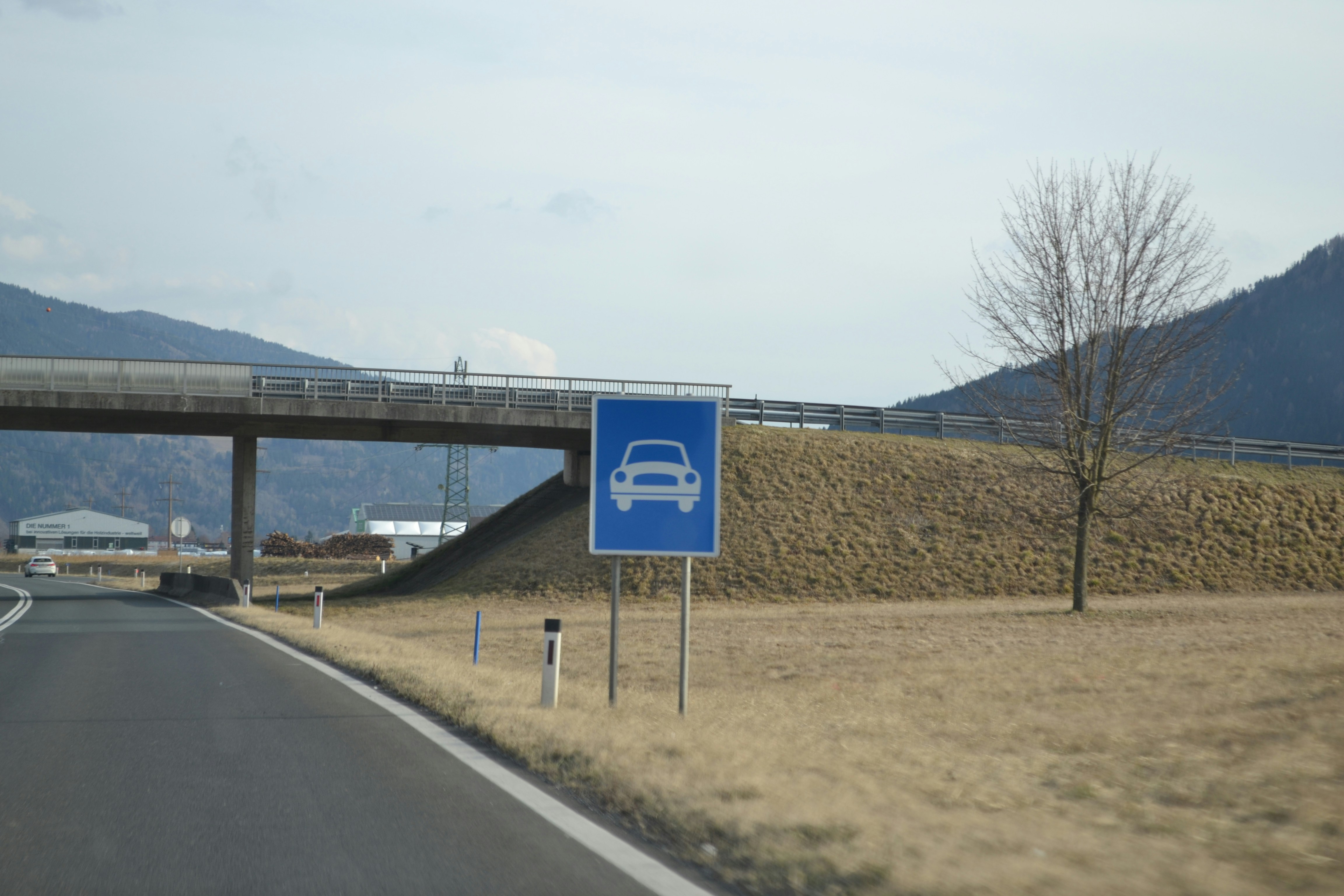 Blue sign with white car symbol near road