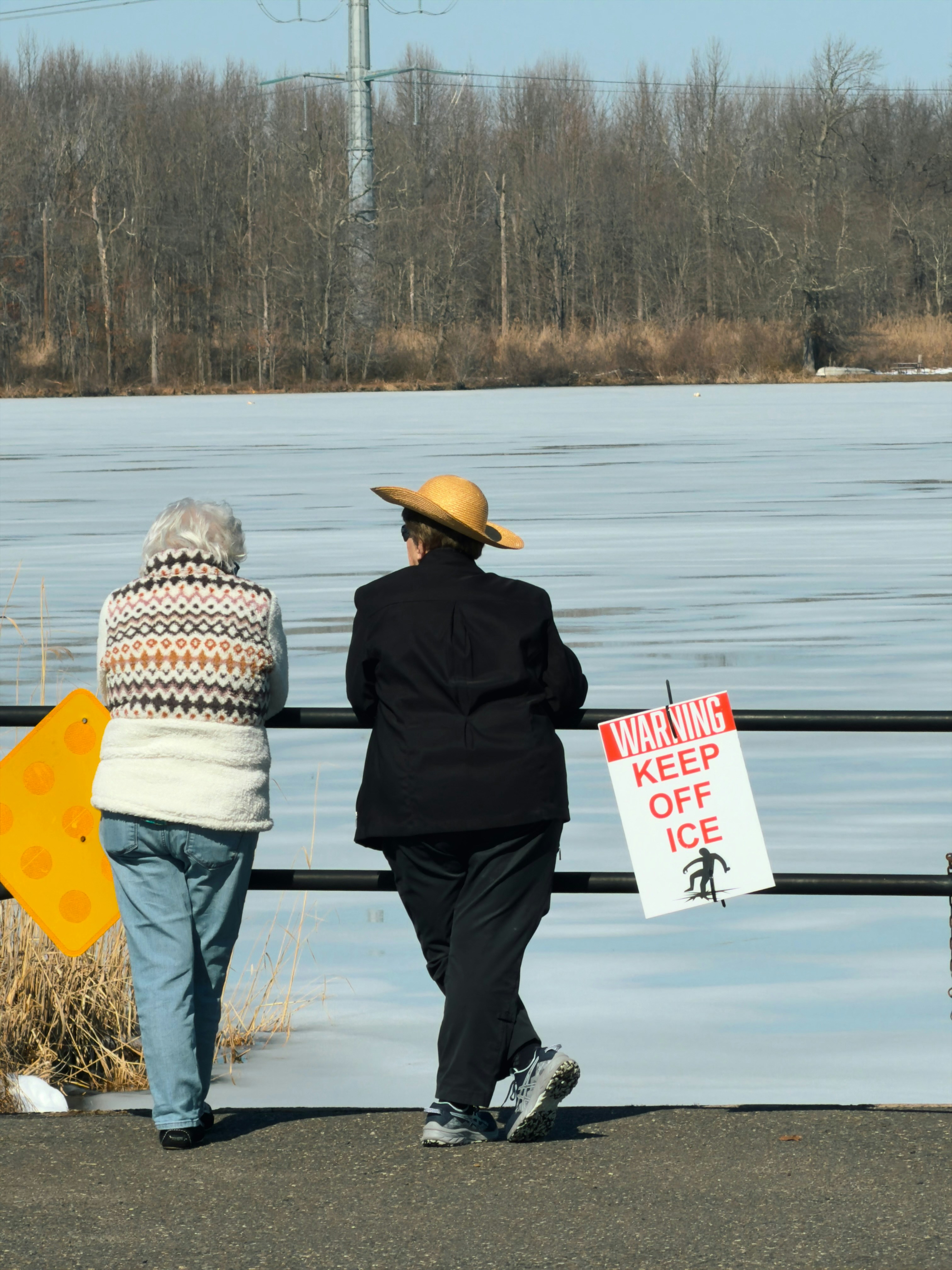 Two people look at a frozen body of water