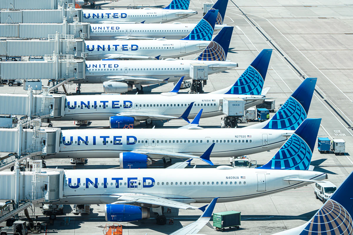 United Airlines jets parked at airport gates