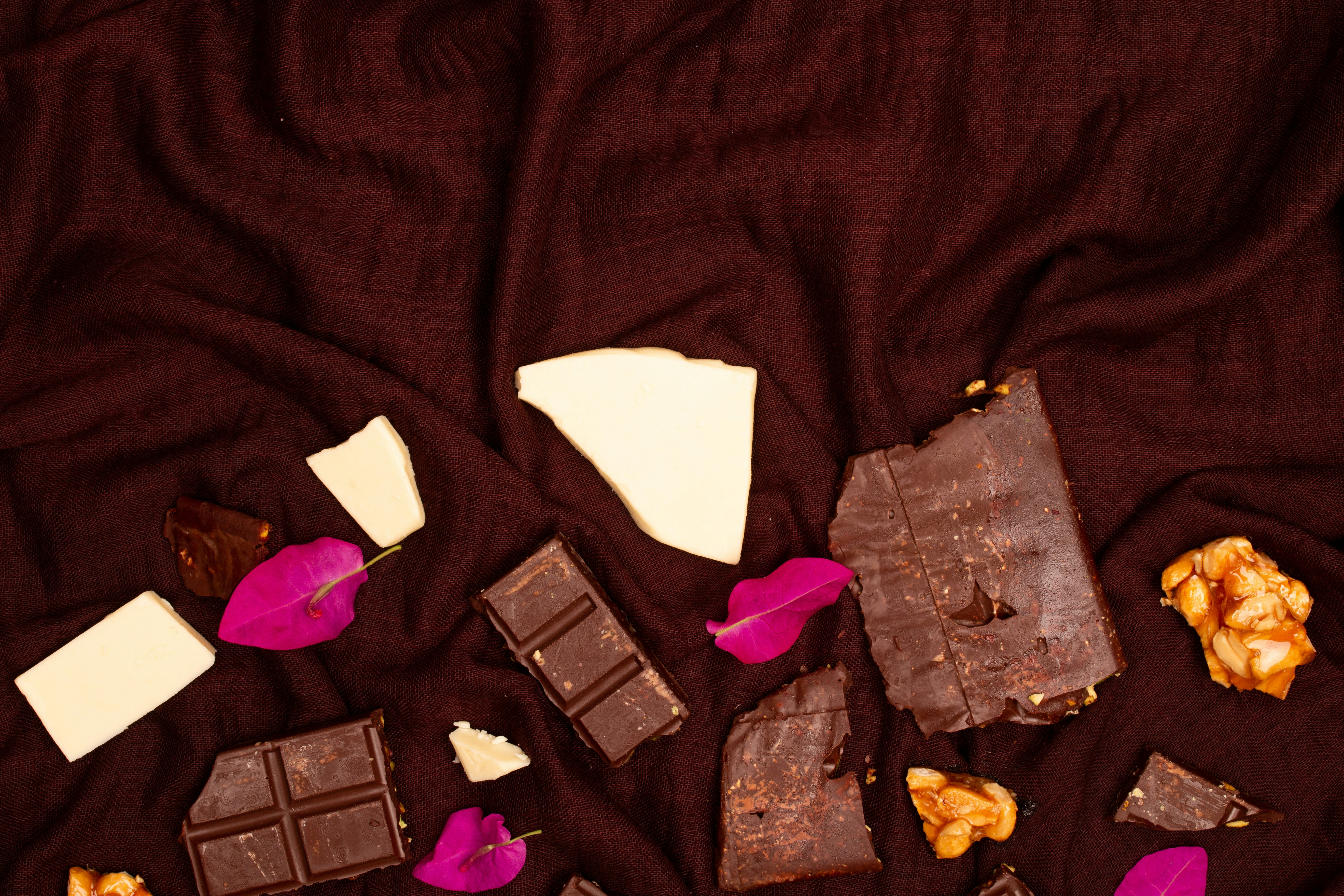 Pieces of dark and white chocolate with nuts and petals.