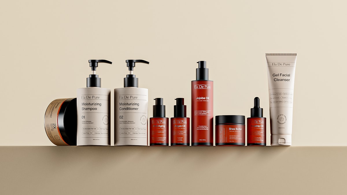 Assorted skincare bottles and jars arranged on a shelf